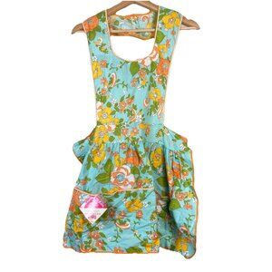 Vtg Fruit Of The Loom Bib Floral Apron Rick Rack Pockets NWT Retro Teal Orange